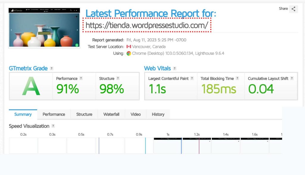 Tienda Woocommerce pagespeed grado A