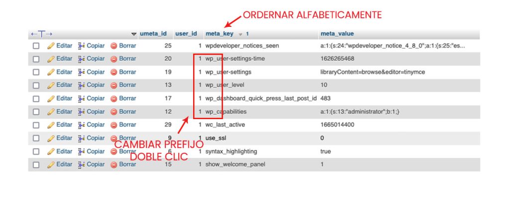 Cambiar prefijo de las tablas wp-usermeta