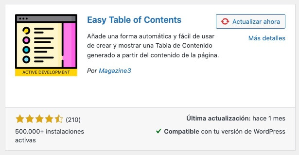 Plugin Easy table of contents, genera una tabla índice del contenido de un post